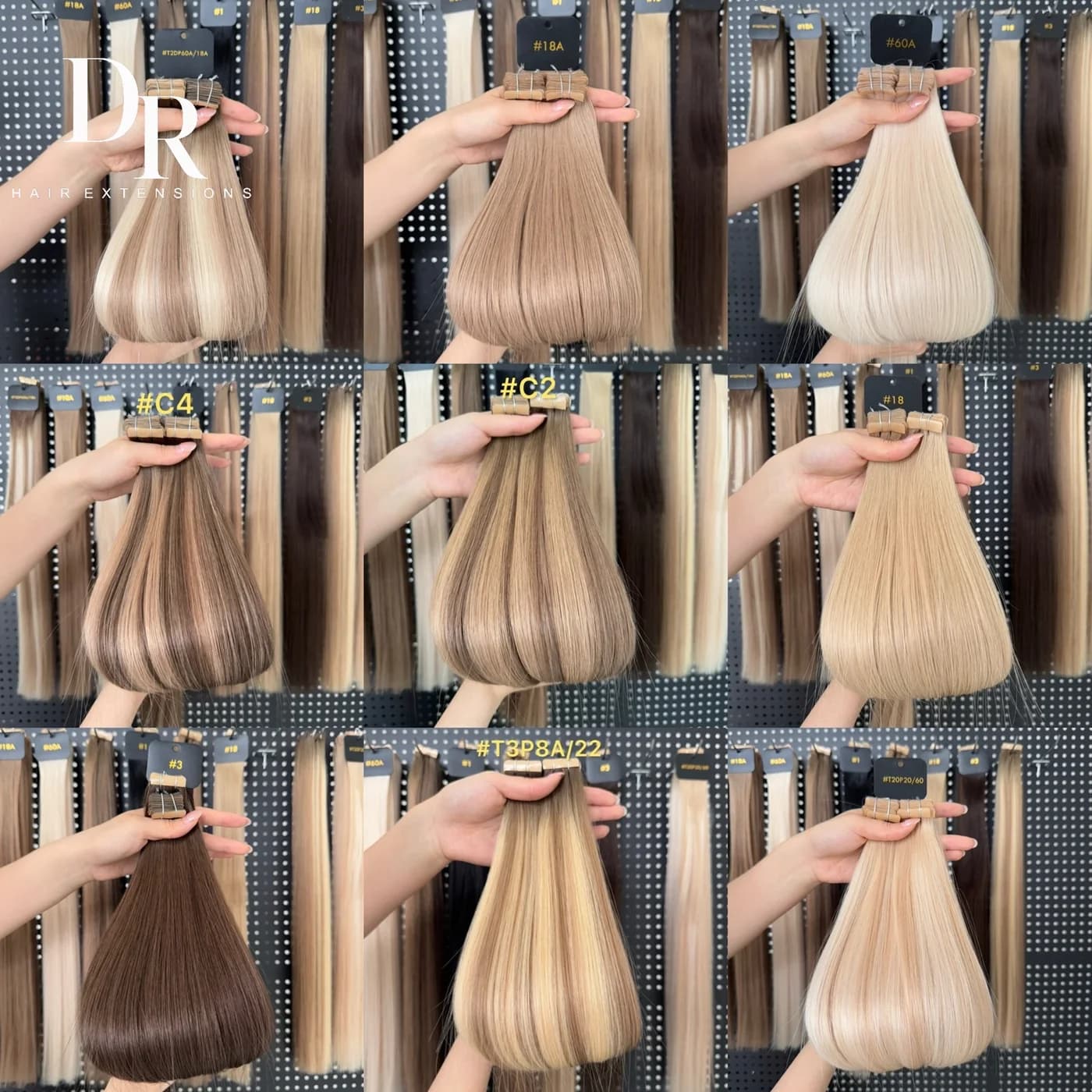 DR Tape-in Hair collection displayed in blonde, brunette and blended shades