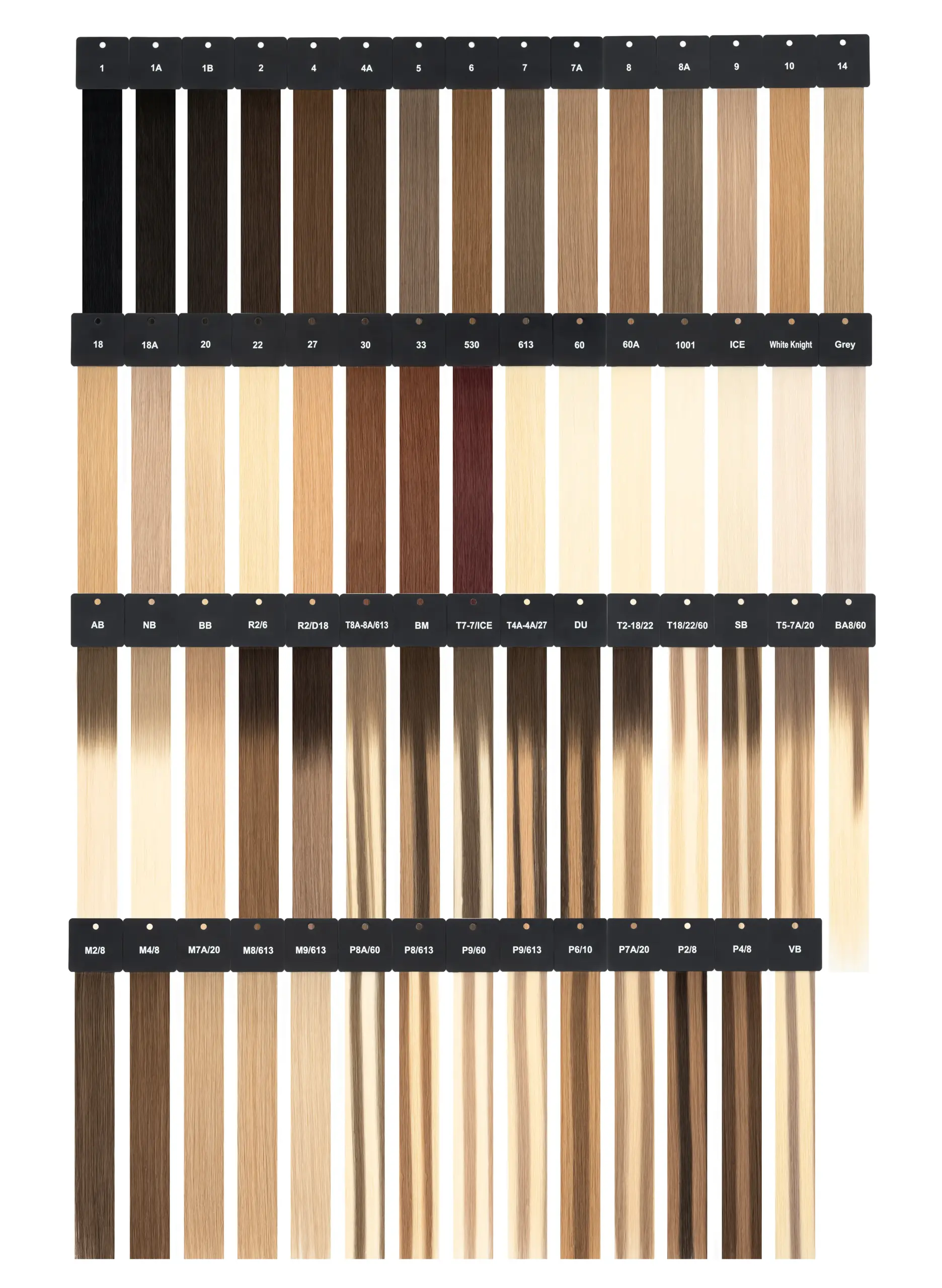 DR Hair Extension shade chart with numbered solid, rooted and blended hair color references
