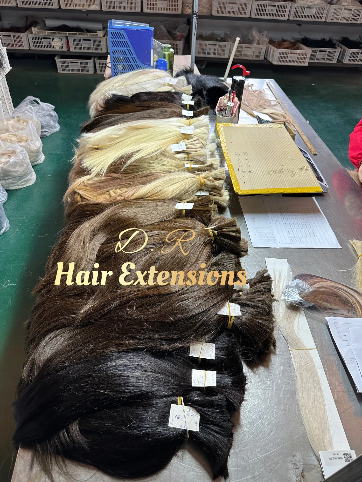 Lightened hair bundles in different shades arranged on a production preparation table