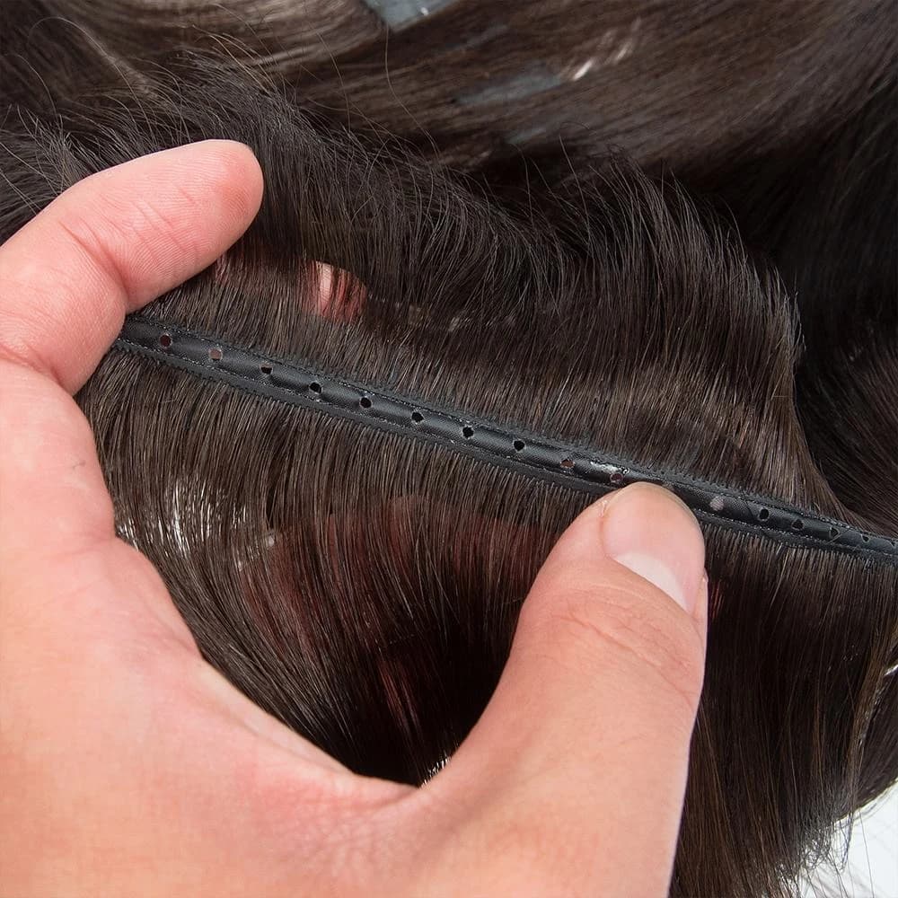 Dark brown Butterfly Weft held open to show the perforated band