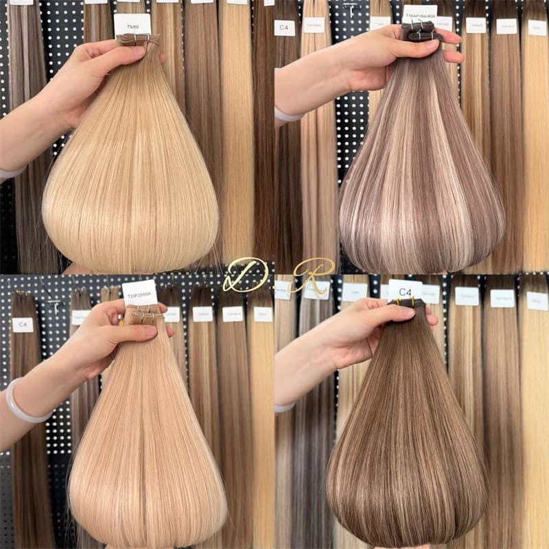 Four blonde and brown hair extension shade samples held in front of a color display