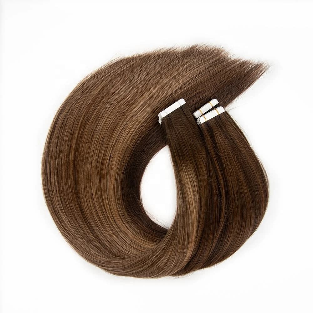 Brown tape-in hair bundles arranged in a loop with several backed tabs visible