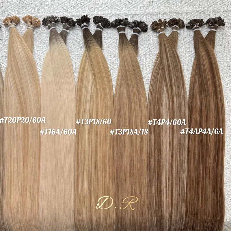 Rooted and blended blonde DR K-tip bundles with their color references visible