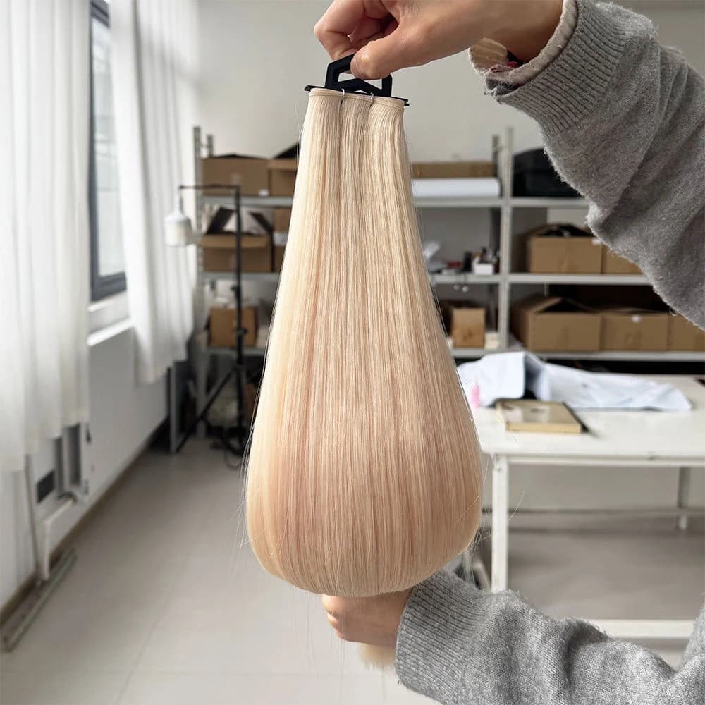 Blonde hair extension sample held on a black hanger in a workroom