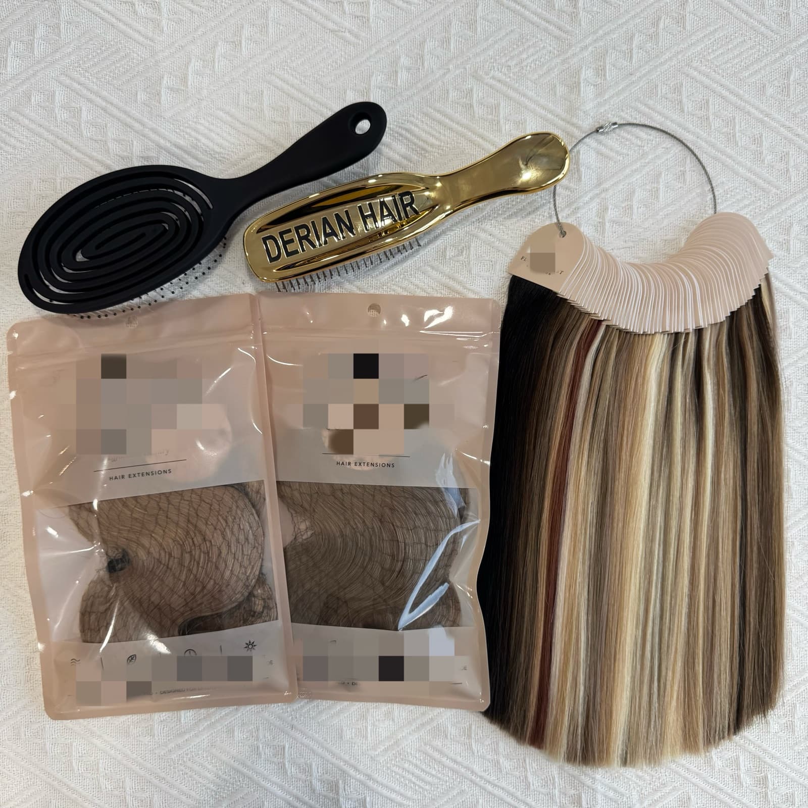 Private-label hair extension packaging, color ring and branded accessories