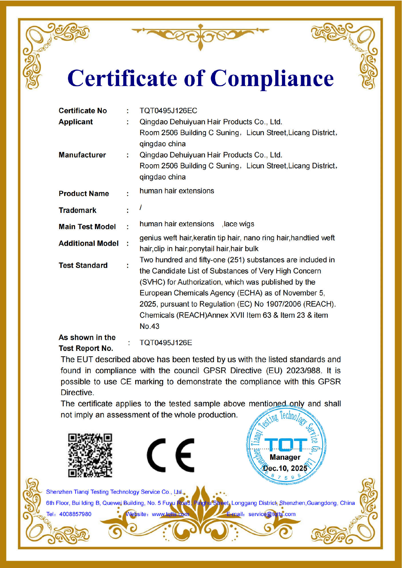 GPSR Compliance Document, certificate number TQT0495J126EC